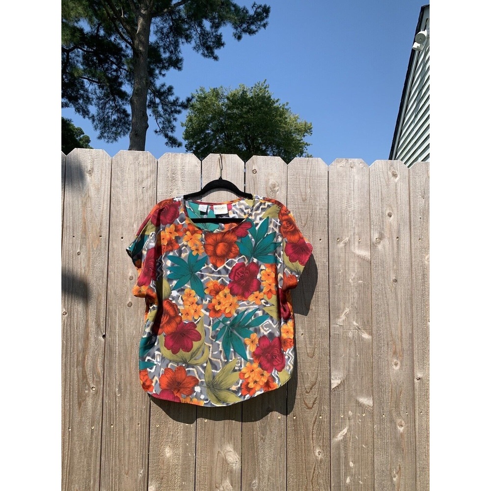 Bentley ladies womens L large floral short‎ sleeve shirt top Grey Purple Spring